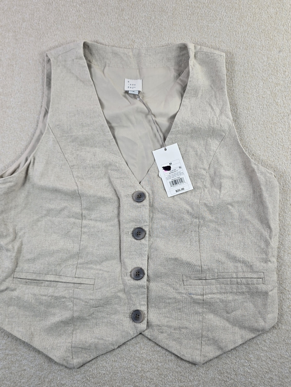A New Day Womens Medium Linen Blend Button Front Tailored Vest Beige NWT
